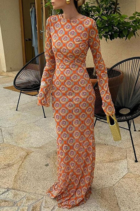 Vestidos largos elegantes con cuello redondo, espalda descubierta y estampado de patchwork