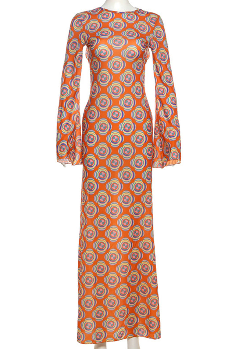 Vestidos largos elegantes con cuello redondo, espalda descubierta y estampado de patchwork