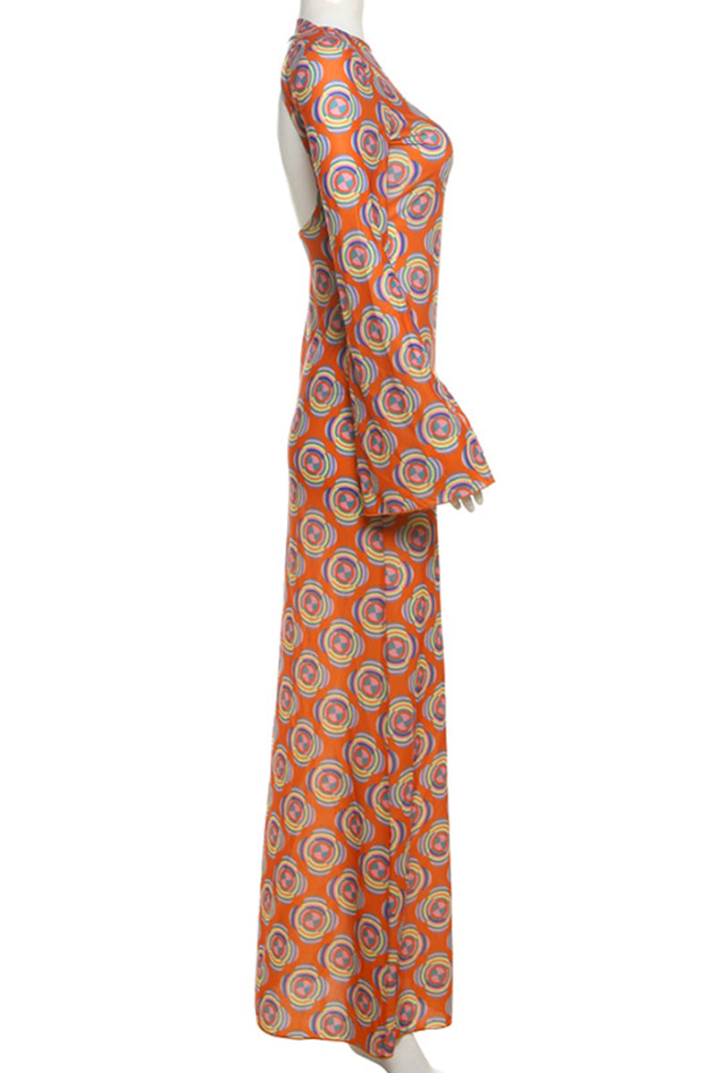 Vestidos largos elegantes con cuello redondo, espalda descubierta y estampado de patchwork