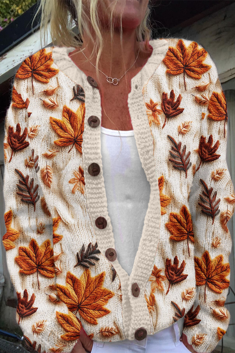 Prenda exterior informal de uso diario con estampado de flores que imitan a un suéter, botones en contraste y cuello redondo (8 colores)