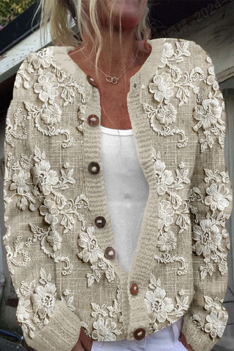 Prenda exterior informal de uso diario con estampado de flores que imitan a un suéter, botones en contraste y cuello redondo (8 colores)