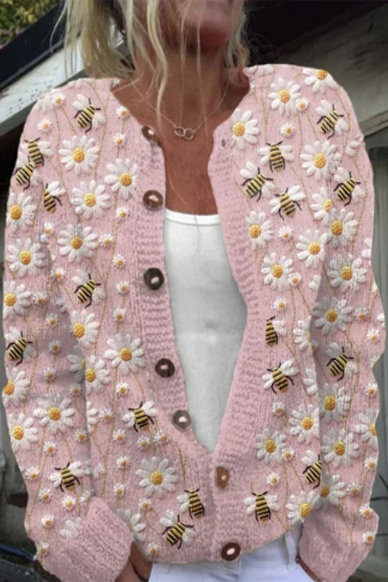 Prenda exterior informal de uso diario con estampado de flores que imitan a un suéter, botones en contraste y cuello redondo (8 colores)