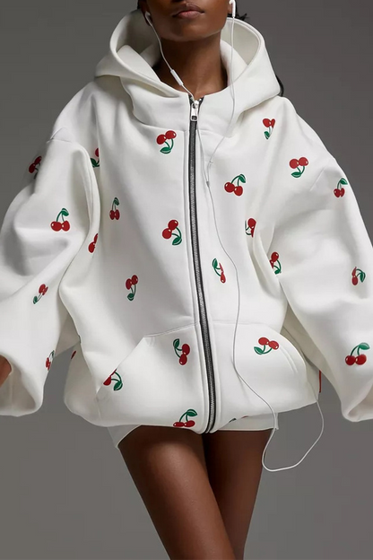 Tops casuales con capucha, cremallera y bolsillo con estampado de frutas de calle