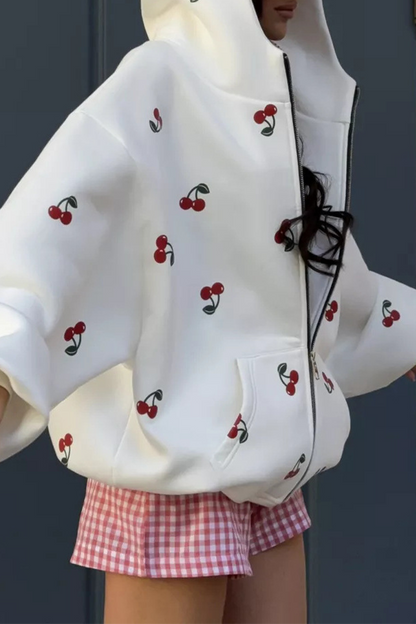 Tops casuales con capucha, cremallera y bolsillo con estampado de frutas de calle