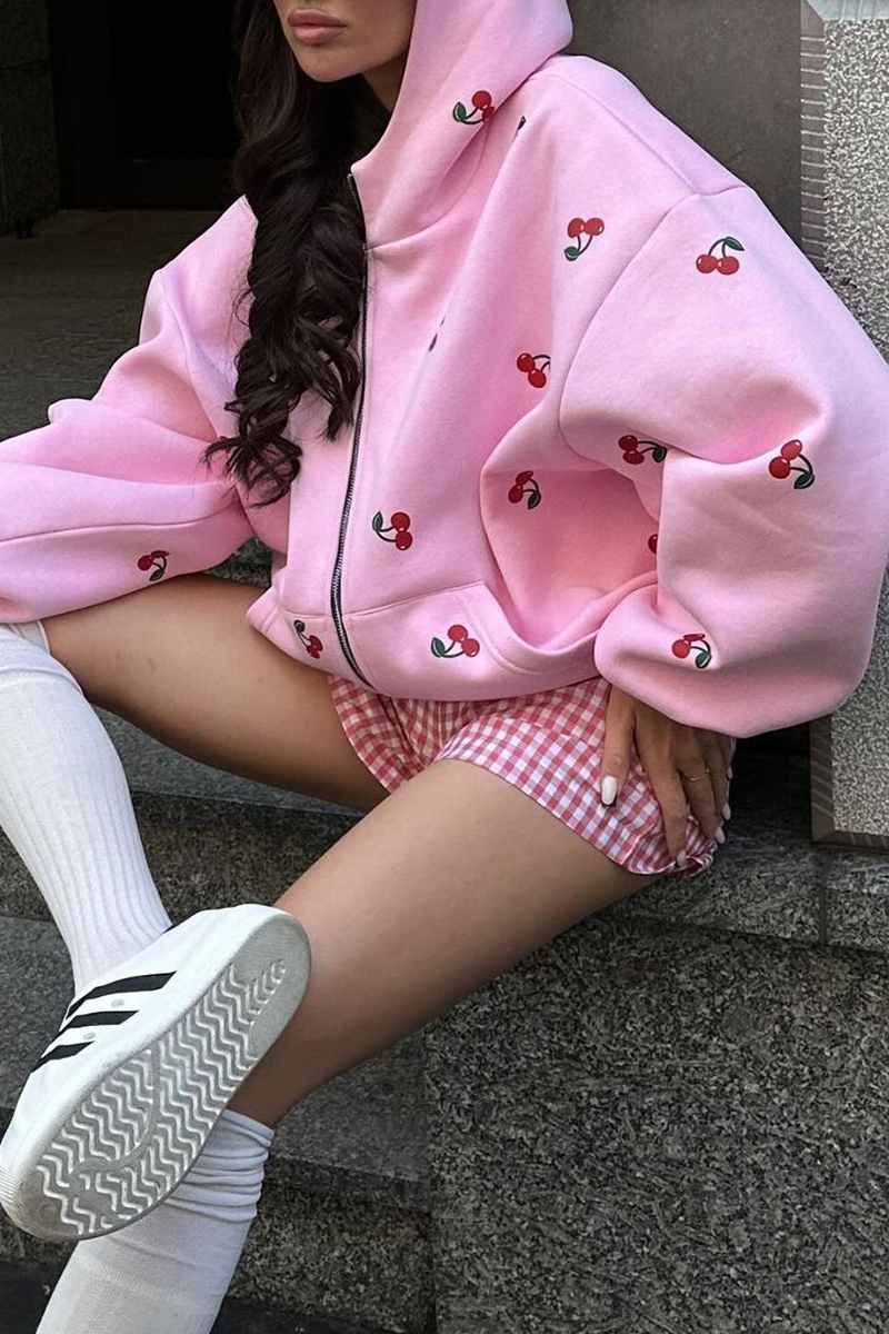 Tops casuales con capucha, cremallera y bolsillo con estampado de frutas de calle