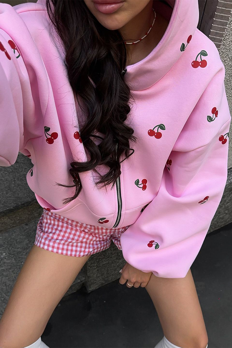 Tops casuales con capucha, cremallera y bolsillo con estampado de frutas de calle