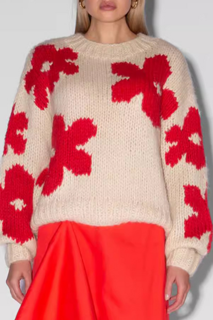 Suéteres casuales de cuello redondo con tejido en contraste y flores de calle