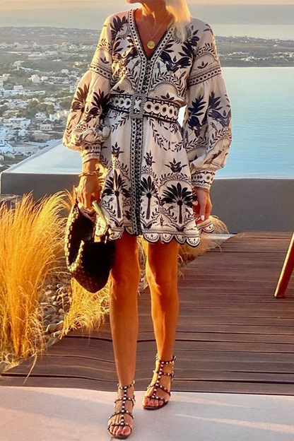 Vestidos casuales de corte A con cuello en V, estampado floral y patchwork con cinturón