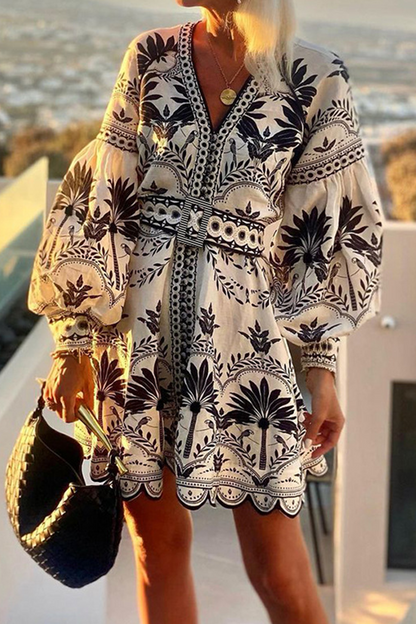 Vestidos casuales de corte A con cuello en V, estampado floral y patchwork con cinturón