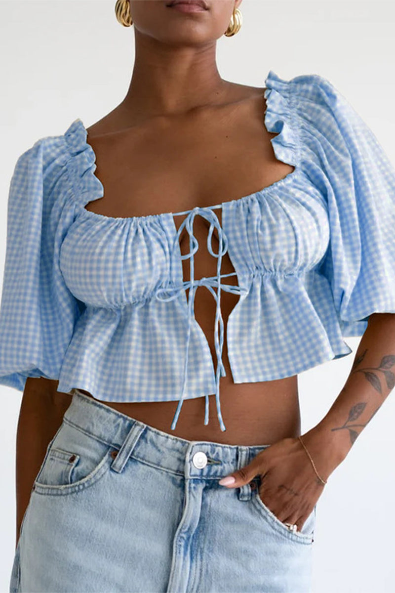Blusas sexis de cuadros con encaje y patchwork para uso diario
