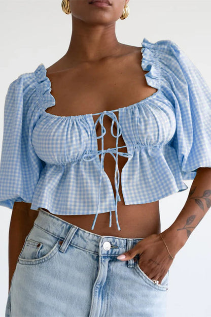 Blusas sexis de cuadros con encaje y patchwork para uso diario