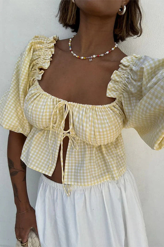 Blusas sexis de cuadros con encaje y patchwork para uso diario