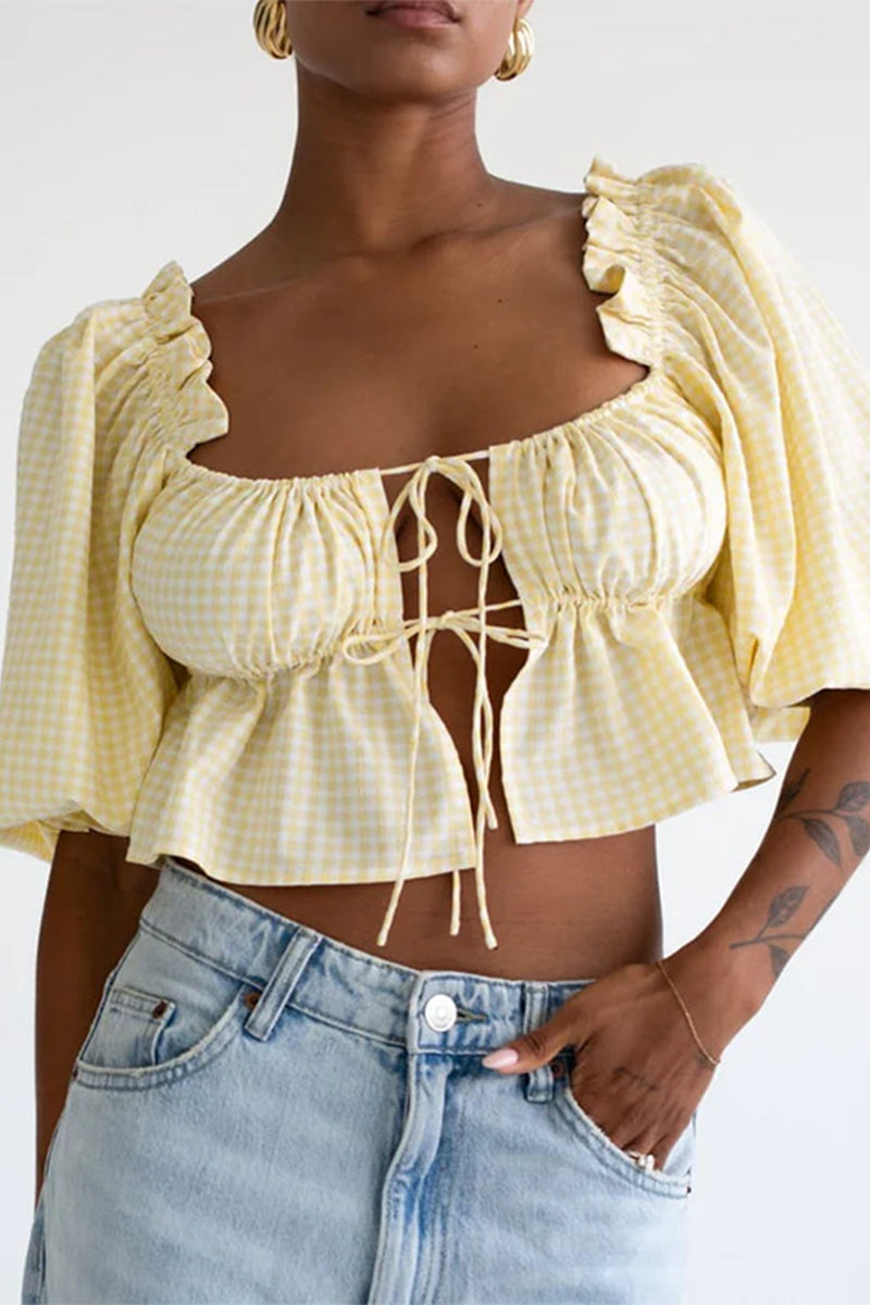 Blusas sexis de cuadros con encaje y patchwork para uso diario