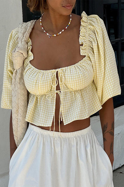 Blusas sexis de cuadros con encaje y patchwork para uso diario