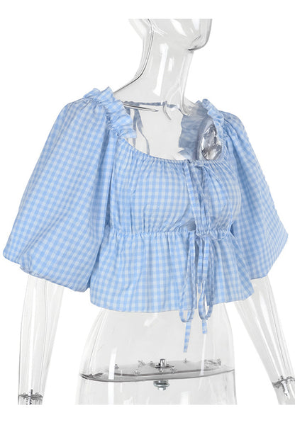 Blusas sexis de cuadros con encaje y patchwork para uso diario