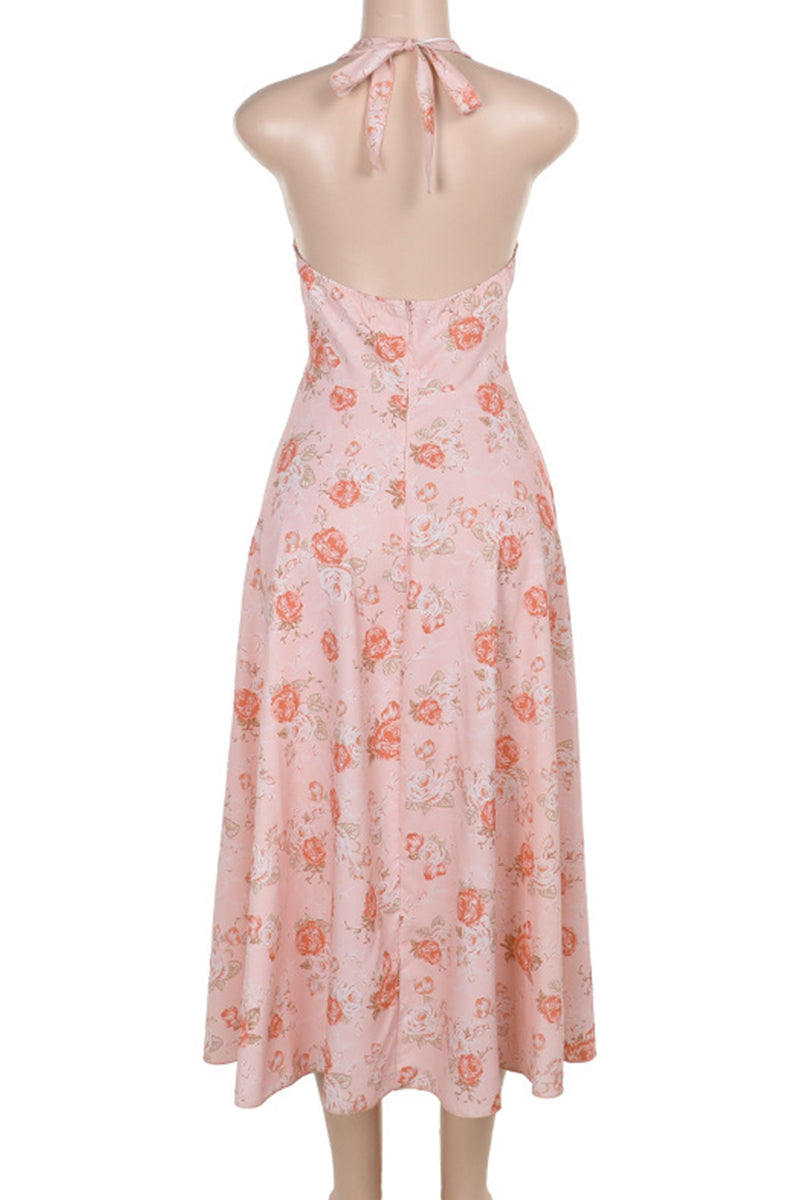 Vestidos sexis sin mangas y con cuello halter y espalda descubierta con flores para vacaciones