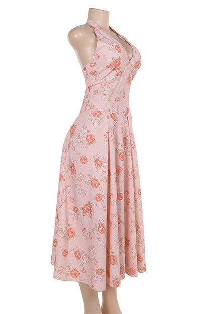 Vestidos sexis sin mangas y con cuello halter y espalda descubierta con flores para vacaciones