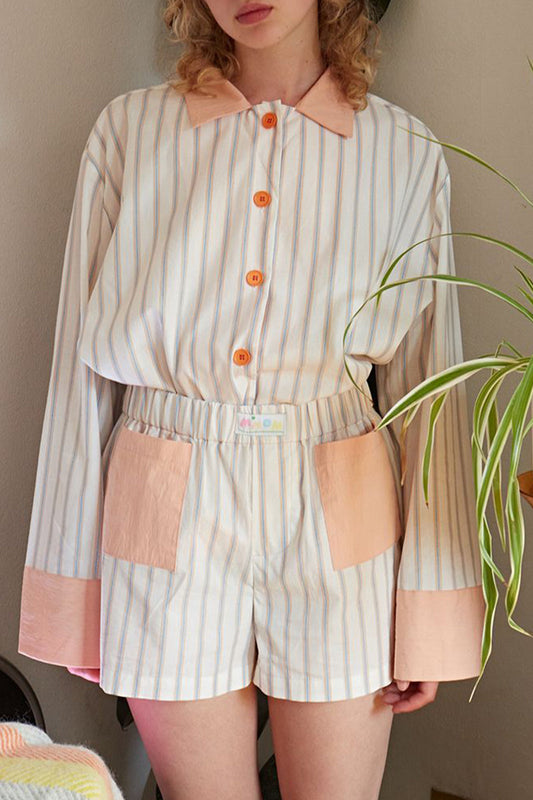 Conjunto informal de dos piezas con cuello vuelto, manga larga y diseño de patchwork a rayas para uso diario