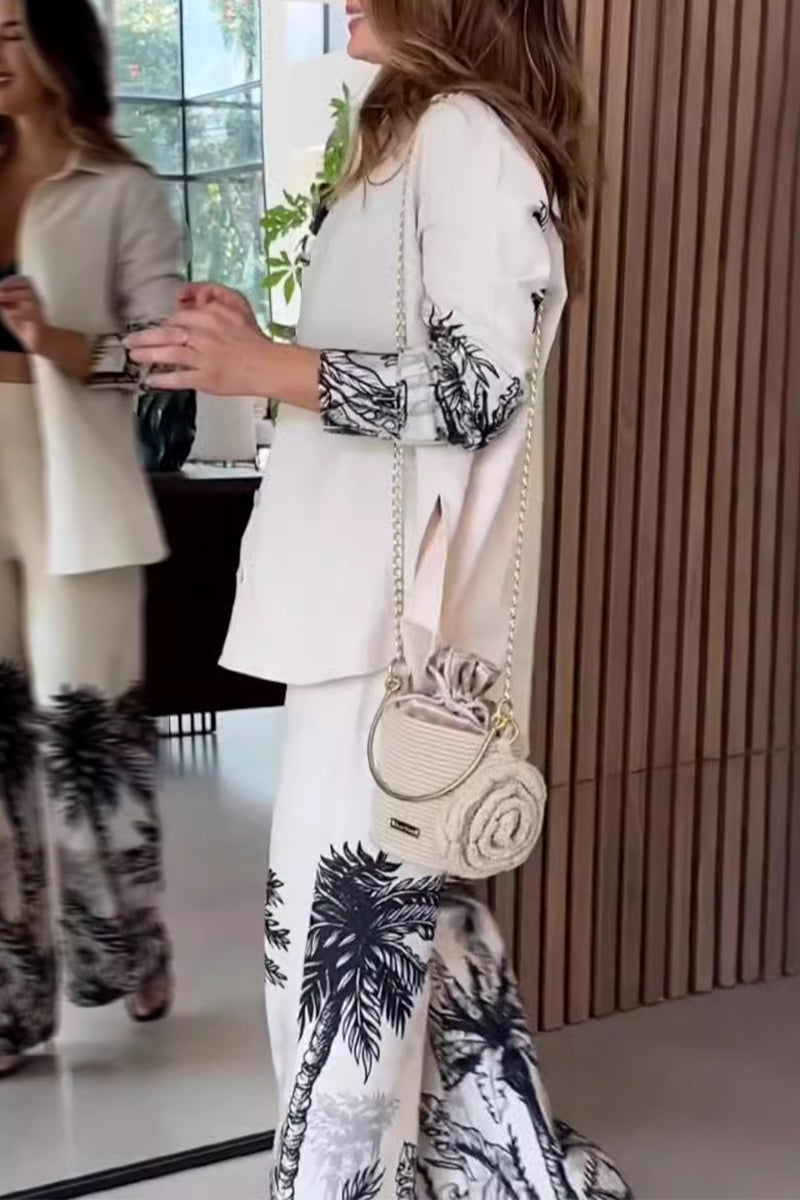 Conjunto de dos piezas con estampado de paisaje informal, botones, cuello vuelto, manga larga