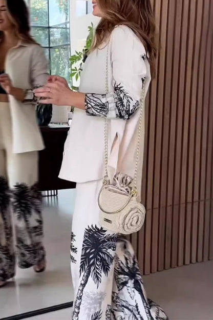 Conjunto de dos piezas con estampado de paisaje informal, botones, cuello vuelto, manga larga
