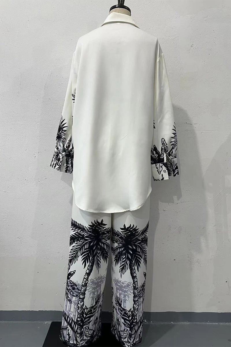 Conjunto de dos piezas con estampado de paisaje informal, botones, cuello vuelto, manga larga