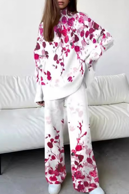 Conjunto informal de dos piezas con cuello alto, manga larga y estampado floral en contraste (5 colores)