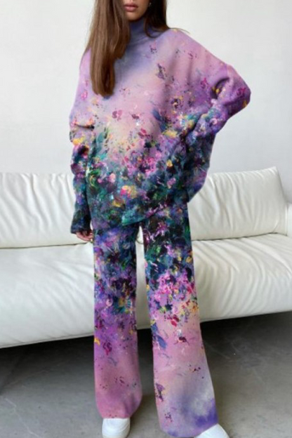 Conjunto informal de dos piezas con cuello alto, manga larga y estampado floral en contraste (5 colores)
