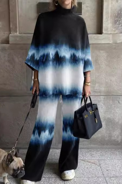 Conjunto informal de dos piezas con cuello alto, manga larga y estampado floral en contraste (5 colores)