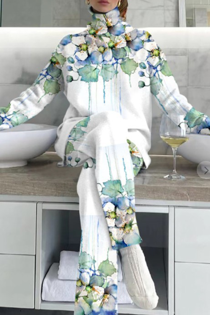 Conjunto informal de dos piezas con cuello alto, manga larga y estampado floral en contraste (5 colores)
