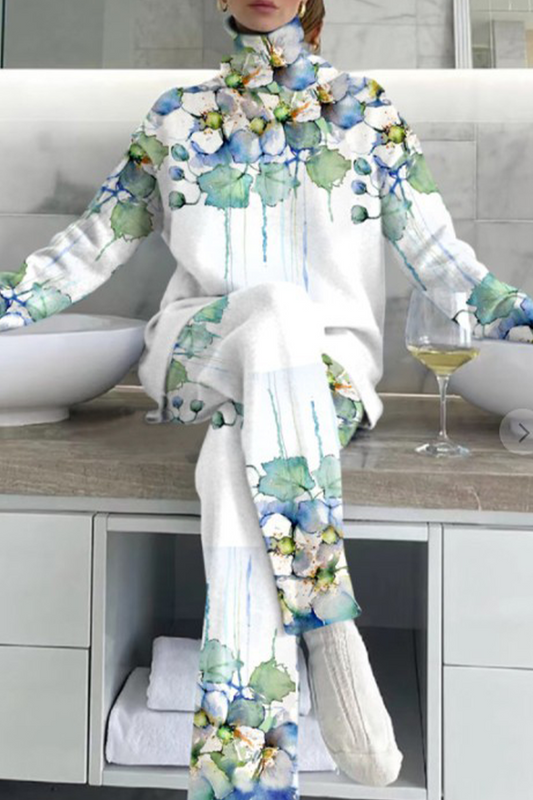 Conjunto informal de dos piezas con cuello alto, manga larga y estampado floral en contraste (5 colores)