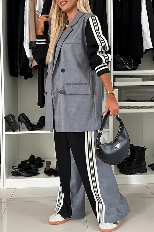 Conjunto informal de dos piezas con cuello vuelto, manga larga y estampado de rayas y hebillas
