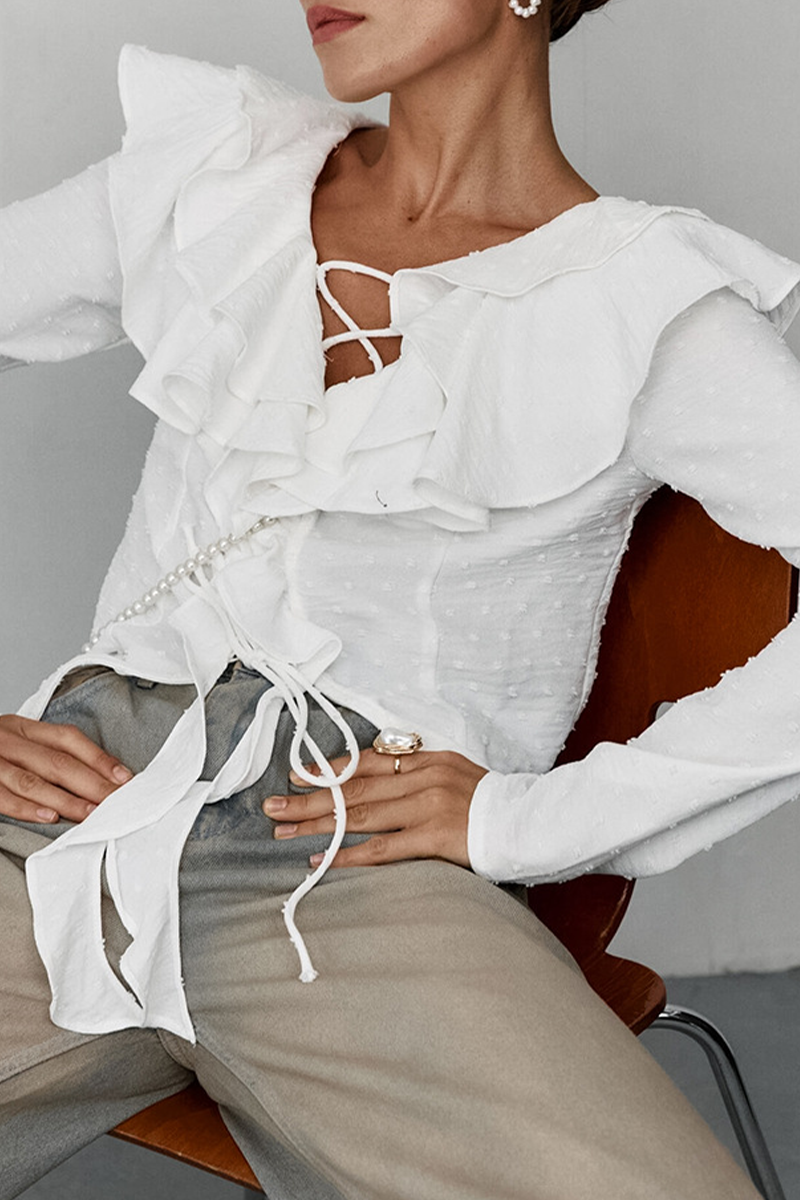 Blusas elegantes de diario con cuello de hoja de loto, bola de piel y volantes con cordones