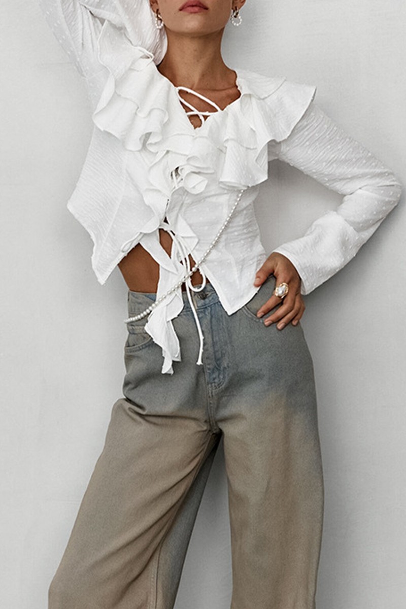 Blusas elegantes de diario con cuello de hoja de loto, bola de piel y volantes con cordones