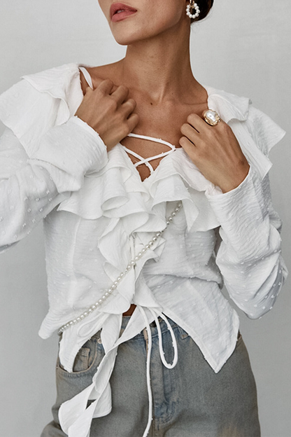 Blusas elegantes de diario con cuello de hoja de loto, bola de piel y volantes con cordones