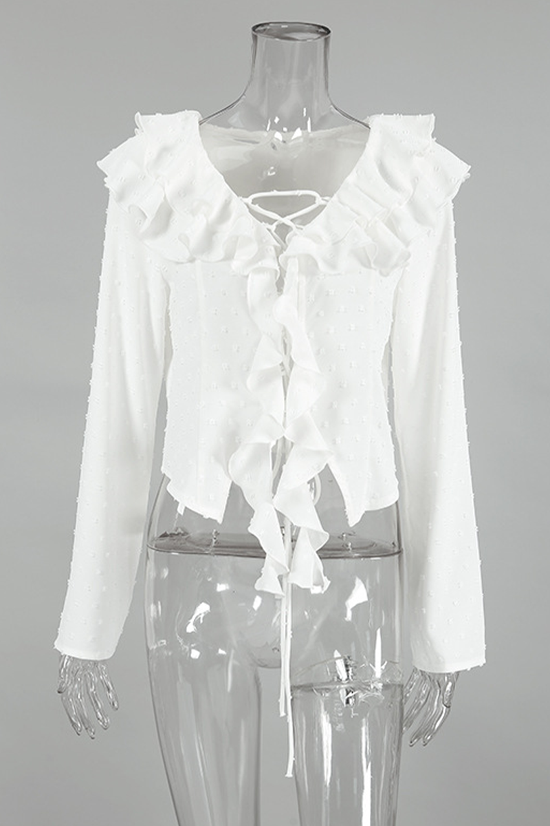Blusas elegantes de diario con cuello de hoja de loto, bola de piel y volantes con cordones