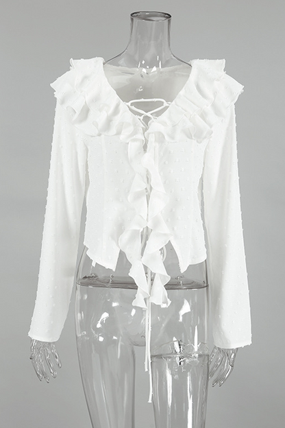 Blusas elegantes de diario con cuello de hoja de loto, bola de piel y volantes con cordones