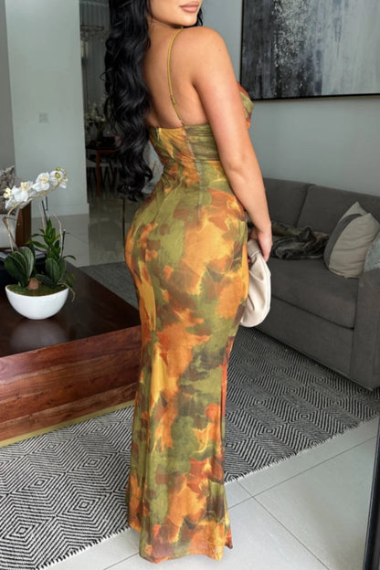 Vestidos largos con tirantes finos, cinturón y espalda descubierta con estampado sexy