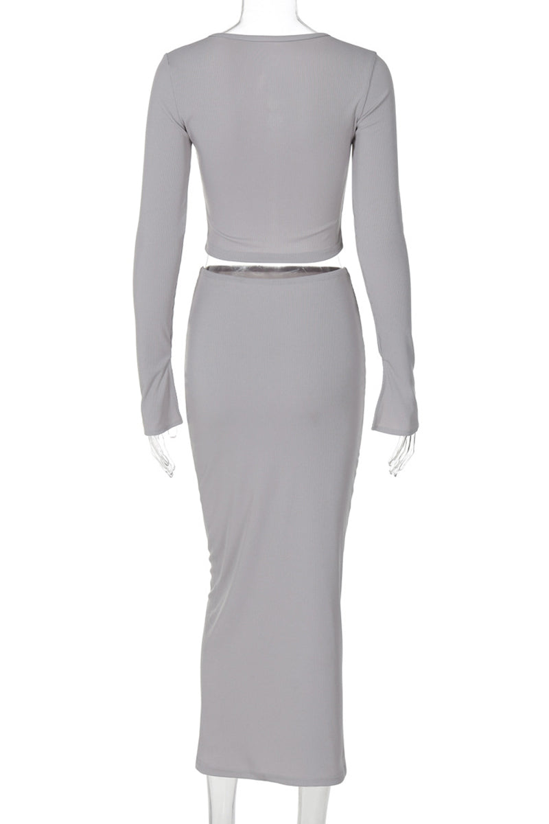 Elegante conjunto de dos piezas con cuello redondo, manga larga y parches de hebilla (3 colores)