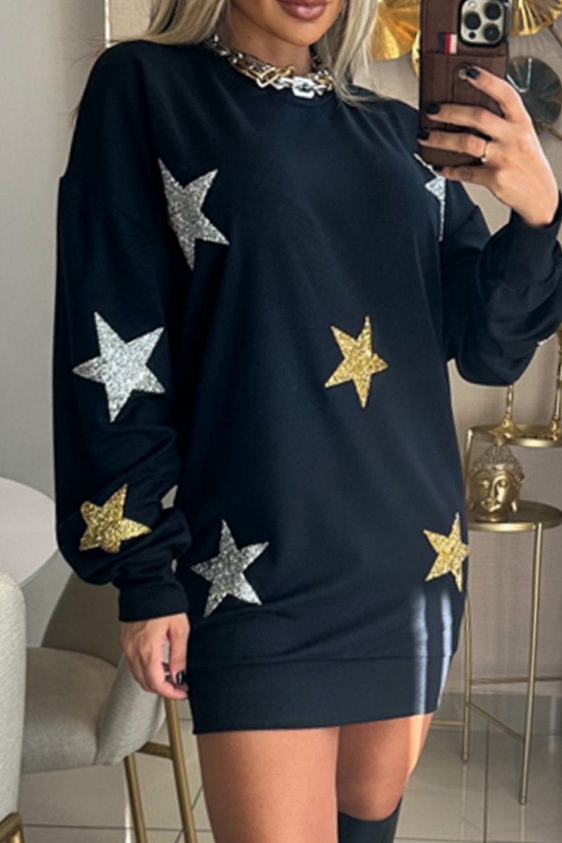 Vestidos casuales básicos de manga larga con cuello redondo y estrellas