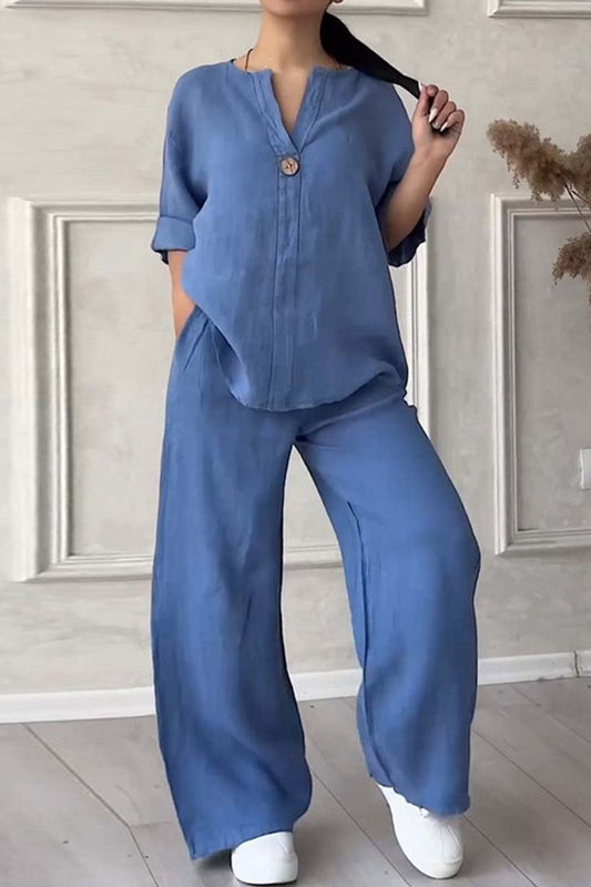 Conjunto informal básico de dos piezas con cuello en V y manga larga (9 colores)