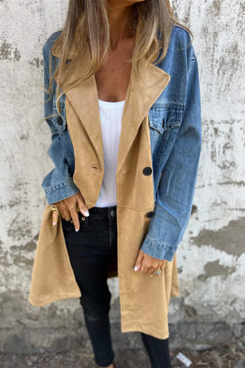 Chaqueta vaquera informal holgada de manga larga con cuello vuelto, botones y patchwork en contraste