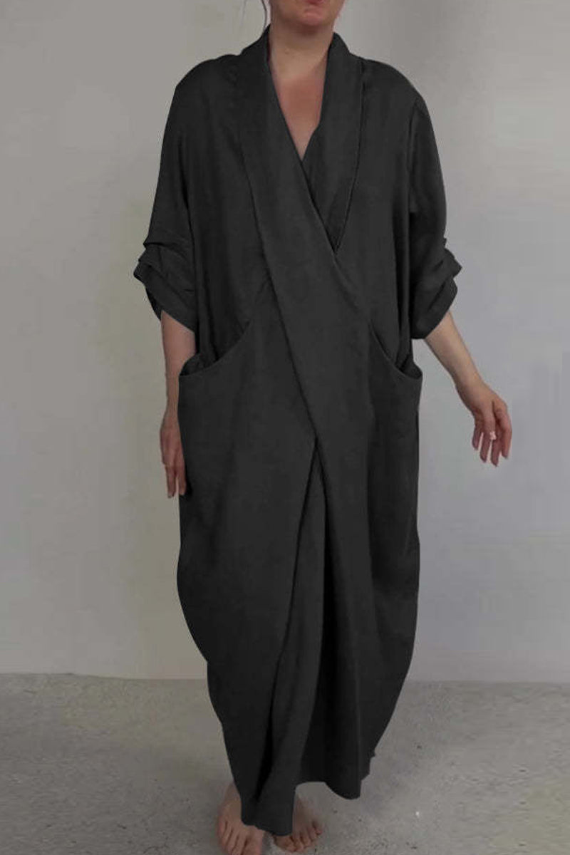Casual Pocket Slit V Neck Irregular Long Dresses(7 Colors)