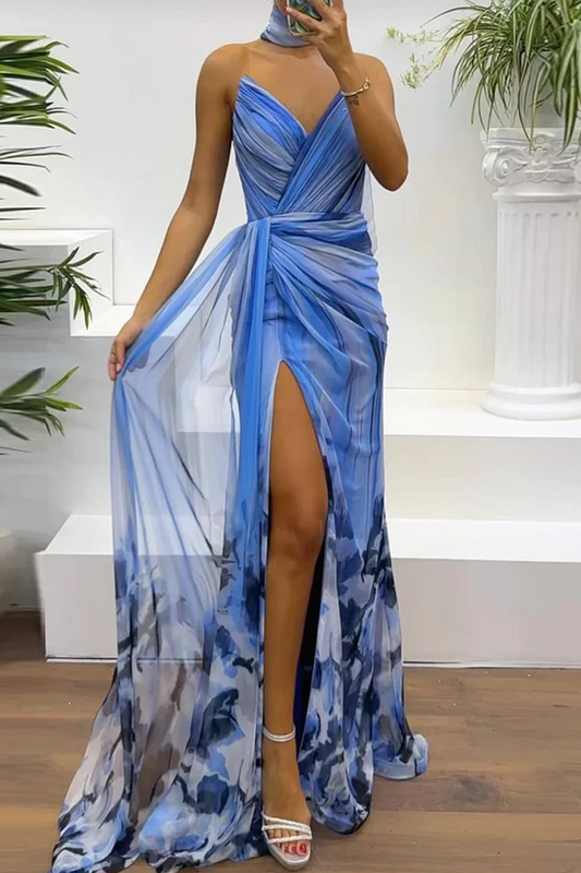 Vestidos de noche sexys con escote en V, fruncidos y aberturas en color degradado para graduación