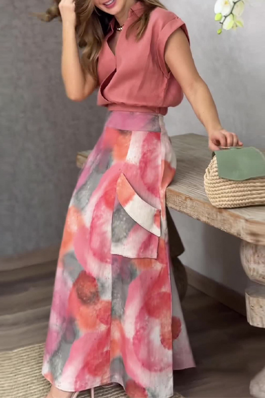 Conjunto informal de dos piezas con cuello en V, manga corta, estampado degradado, bolsillos y patchwork en contraste