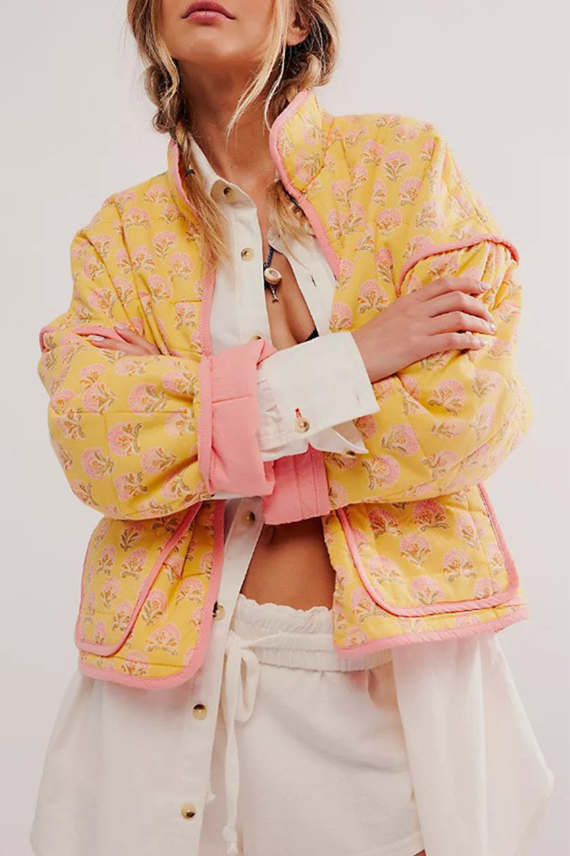 Prendas de abrigo informales con cuello mandarín, patchwork y bolsillos con flores en contraste (12 colores)