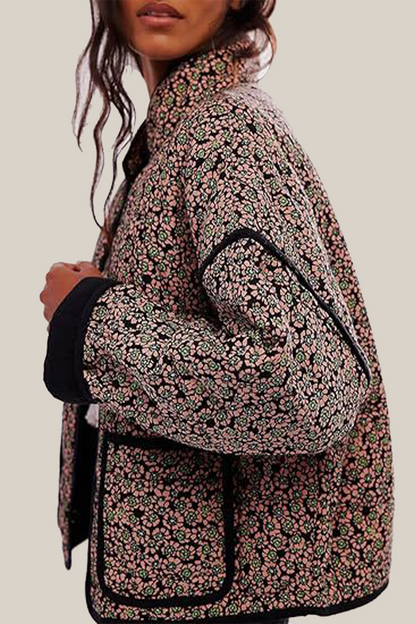 Prendas de abrigo informales con cuello mandarín, patchwork y bolsillos con flores en contraste (12 colores)