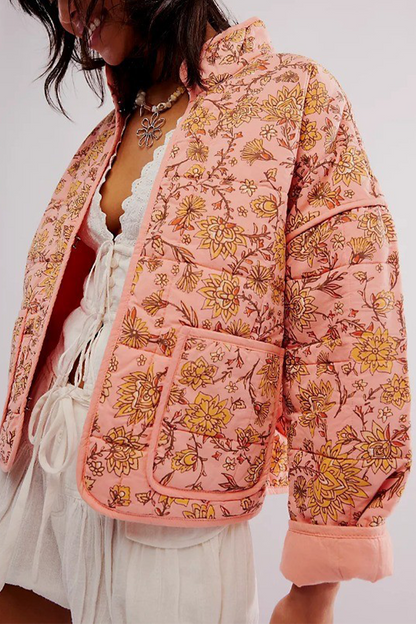 Prendas de abrigo informales con cuello mandarín, patchwork y bolsillos con flores en contraste (12 colores)