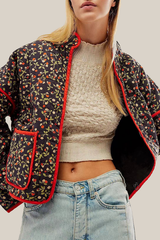 Prendas de abrigo informales con cuello mandarín, patchwork y bolsillos con flores en contraste (12 colores)