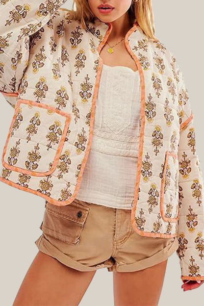 Prendas de abrigo informales con cuello mandarín, patchwork y bolsillos con flores en contraste (12 colores)
