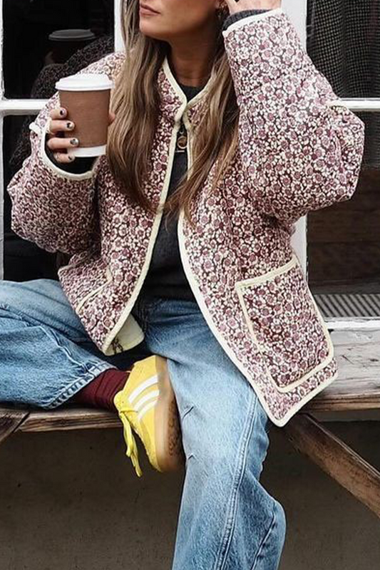 Prendas de abrigo informales con cuello mandarín, patchwork y bolsillos con flores en contraste (12 colores)